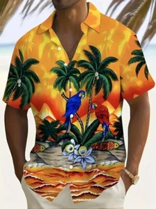 Camicia uomo manica corta arancione e gialla tema pappagallo tropicale 2XL - Foto 1 di 5