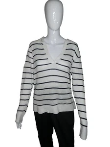 Halston Women's White/Black Striped Drop-shoulder Vneck Knit Sweater Size XL - Picture 1 of 8