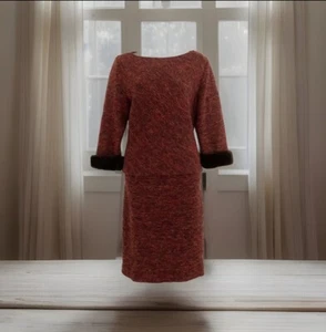 Vtg FINITY STUDIO Women Wool-Bl.Dress Top:12P/Skirt:6P Maroon Tweed Faux Fur - Picture 1 of 7