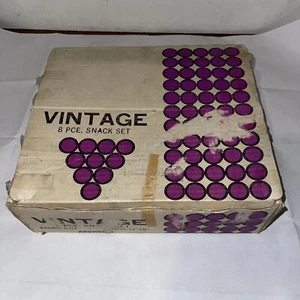 Vintage 8 Piece Snack Set by Anchor Hocking 4 trays 4 Cups Raised Grape - Picture 1 of 6