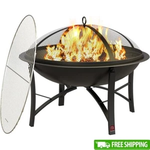 Outdoor Fire Pit Wood Burning BBQ Grill Steel Bowl Cooking Grate Spark Screen US - Picture 1 of 8