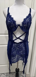 Seven Til Midnight Navy Lingerie Thong Sexy Lace & Cutouts Garters SZ 3X 4X - Picture 1 of 17
