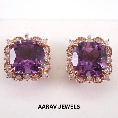 Aretes de amatista simulada de corte cojín de 2,40 quilates enchapados en oro amarillo de 14 quilates Foto 1 de 4