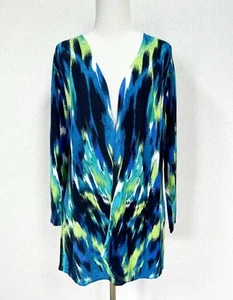 Chico's Tunic Sweater Open Front Size 8 Chico Size 1 Blue Green White 3/4 Sleeve - Picture 1 of 6