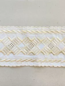 Off White Diamond Chain Embroidered Cotton Trim for Sewing/Belts/Crafts/4" Wide - Picture 1 of 16
