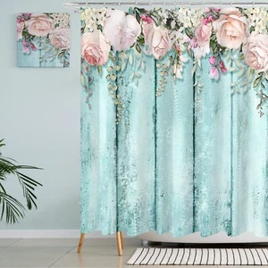 Pink Roses Shower Curtain Sets Shabby Chic Rutic Teal Blue Wood Bathroom Deco... - Imagen 1 de 7