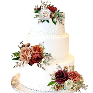 3Pcs Cake Topper Set, Wedding Artificial Flowers Decor Burnt Orange Cake Topp... - Picture 1 of 7