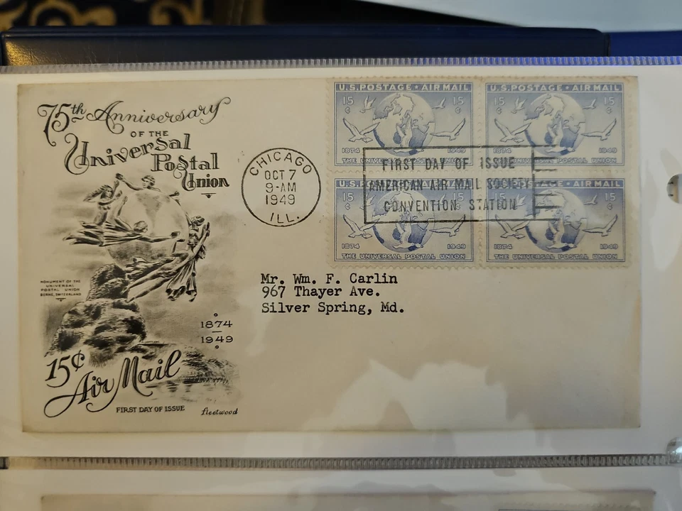 75 aniversario 1949. Unión Postal Universal, Scott C43, bloque de 4 sello 15c FDOI Foto 1 de 1