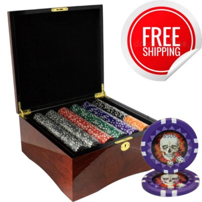JUEGO DE FICHAS DE PÓQUER MRC 750 PIEZAS 13,5 G CALAVERA ESTUCHE DE MADERA DE ALTO BRILLO Foto 1 de 4