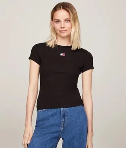Tommy Hilfiger Baby Fit Ribbed T-Shirt Womens Tee XS 8 Black and White - Picture 1 of 12