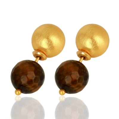 Pendiente aldaba de puerta chapado en oro de 18 quilates bola dorada ojo de tigre perno regalo de San Valentín Foto 1 de 3