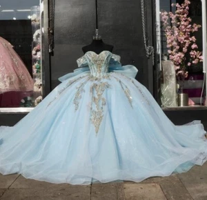 Abiti Quinceanera Blu Cielo con Fiocco Vestidos De XV Años XV Party Abiti da Ballo - Foto 1 di 13