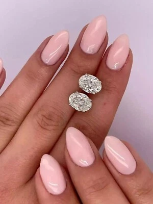 5X3 Oval Cut E-F/VVS Lab Grown Diamond 14k White Gold Plated 925 Stud Earrings - Image 1 of 4