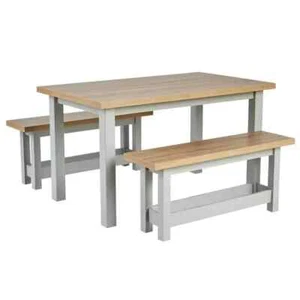 Oak Effect Dining Table & 2 Bench Set Grey Painted MDF Compact Kitchen Set - Picture 1 of 11