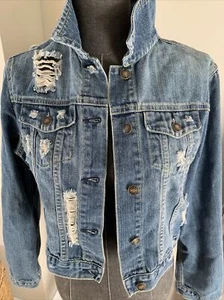 Rue 21 Jean Jacket L Rip Torn Juniors Distressed Blue Denim Cropped Vintage - Picture 1 of 8