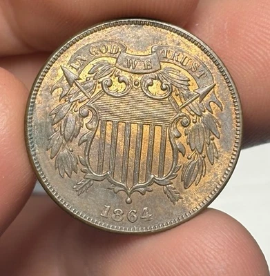 1864 Two Cent Piece Large Motto UNC Uncirculated RB Red Brown Details Luster #2 - Image 1 of 2