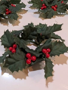 Lot 5 Vintage Candle Ring Christmas Silk Greenery Holly Berries Taper 3" - Picture 1 of 5