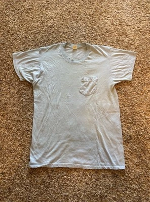 Camiseta de bolsillo azul bebé en blanco vintage años 70 50/50 grande Foto 1 de 4