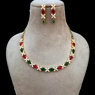 Handmade Ruby Emerald Pearl Necklace 22K Gold Plated Indian Ethnic Jewelry Set Foto 1 de 4