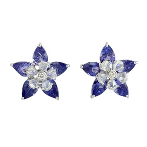 Orecchini a perno in oro bianco 18 carati con fiore di tanzanite e diamanti p... - Foto 1 di 6