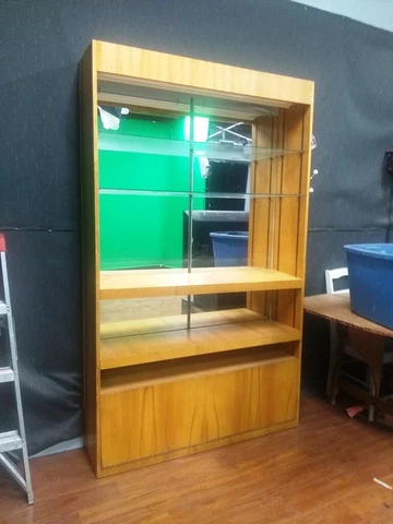 Mid Century Honey Birch BAR Display Shelves w Cabinet * mirror + light ajustable Cover