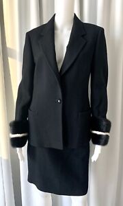 Vintage 1990s Versace Istante Black  Wool Skirt Suit With Fur Trims