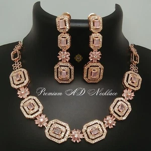 American Diamond Cubic Zirconia Rosegold Necklace Set with Earrings by LC Jewelz - Picture 1 of 10