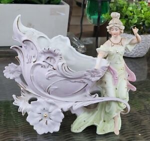 Antique Heubach? German Bisque Porcelain Figurine Table Vase Victorian Girl Cart