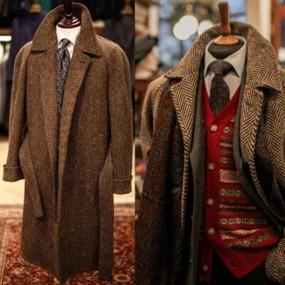 Men Overcoat Suits Tweed Herringbone with Belt Wool Blend Long Coat Regular Fit - Image 1 of 4