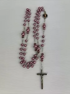 Vintage Rosary Cross Necklace IKRI Faux Pearl Beads Pink Tone Italy Y - Picture 1 of 20