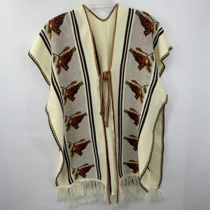 Poncho Suéter Vintage Años 70 Pájaros Corbata Mexicana Frontal Capa Serape Hippie Flecos - Imagen 1 de 11