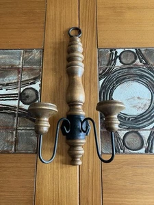 Vtg 2 Arm Wrought Iron Wooden Wall Hanging Sconce Taper Candle Holder 17 H - Picture 1 of 7