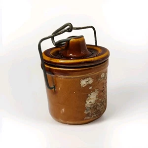 Brown Drip Glazed Cheese Crock Food Jar Wire Bail Locking Lid Stoneware  - Picture 1 of 24