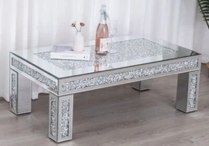 Rectangular Diamond Mirrored Crystal Coffee Table Living Room Furniture - Picture 1 of 6