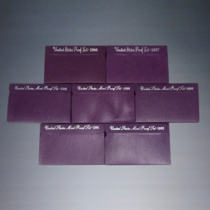 7pc Lot 1986-1992 United States Mint Proof Sets 5 Coins Purple Box W/Spec Card