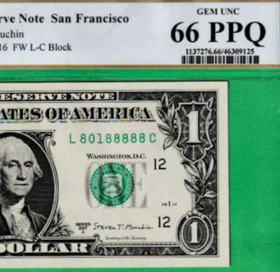 $1  Federal Reserve note LUCKY 8's  Serial Numbers  ** 80188888 ** PCGS 66 - Image 1 of 3