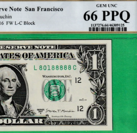 $1  Federal Reserve note LUCKY 8's  Serial Numbers  ** 80188888 ** PCGS 66 - Image 1 of 3