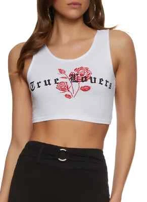 Top para mujer blanco gráfico recortado "True Lovers" rosa rojo y negro talla grande nuevo Foto 1 de 4
