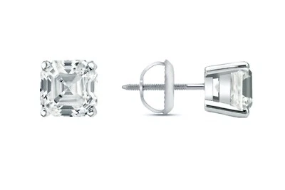 2 Ct Asscher Cut Created Diamond Earrings Stud Real 14K White Gold Basket Screw - Image 1 of 3