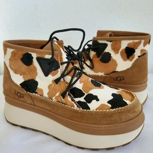NWOB WOMENS SIZE 7.5 CHESTNUT UGG MARIN BOOTIE COW PRINT CALF HAIR SNEAKER BOOTS - Picture 1 of 5