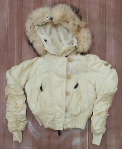 Y2k Moncler Bomberjacke Damen Fell Hoodie RN116347 Elfenbein geraffte Ärmel XS - Bild 1 von 23