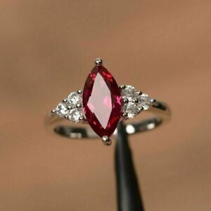 For Women's Marquise Ruby & Simulated Diamond Engagement Ring White Gold Plated