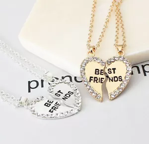 Silver Gold Broken Heart Best Friend Rhinestone 2 Pcs Friendship Necklace Gift - Picture 1 of 4