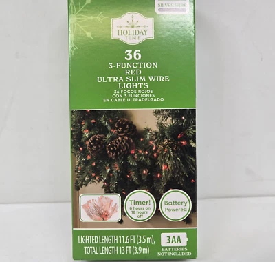 Holiday Time 3-Function 36 LED Red Lights Silver Wire 11.6 ft Long Battery - Image 1 of 4