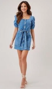 Michelle Keegan Denim Dress Size 6 UK Puff Sleeve Button Up Belted Mini Sexy - Picture 1 of 13