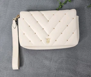 Victoria's Secret Phone Wallet Wristlet Clutch Cream Gold Pink Lining - Picture 1 of 13