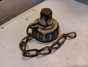 Vintage Cast Iron Fire Screw On Cap Cover With Clasp & Chain Chippy Paint White - Picture 1 of 16