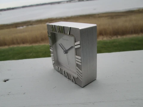 $375 TIFFANY Atlas Rhodium Alarm Clock 67mm sq. RUNS but needs TLC Cover
