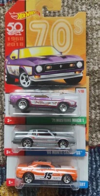 Lot Of 3 Hot Wheels 50th, 71 Mustang Mach1/10, 86 Montecarlo SS, 15 Dodge Challe - Image 1 of 4