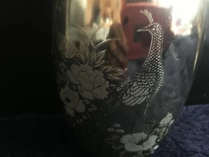 VINTAGE GOLD TONE ETCHED DECORATIVE VASE WITH PEACOCK & FLOWERS, JAPAN - Picture 1 of 10